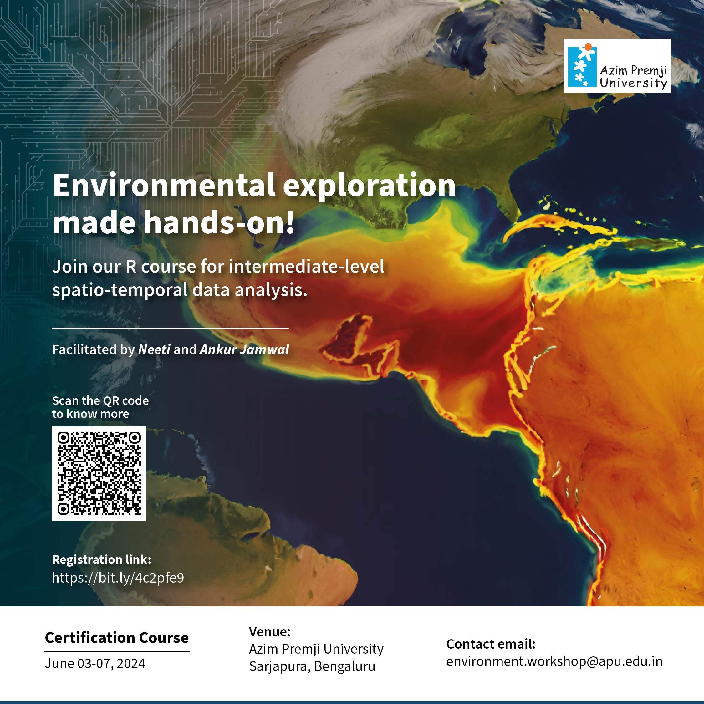 A false-colour map of earth with continents that are bright orange. The image displays text to advertise the event.